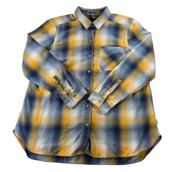 Eddie Bauer Tops - Eddie Bauer Womens XL Plaid Flannel Shirt Yellow Navy Blue Classic Fit Button Up